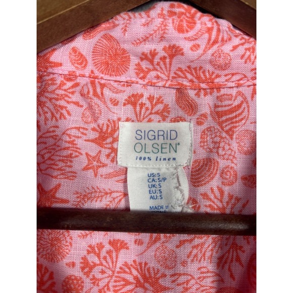 Sigrid Olsen Womens Dress S Sleeveless Button Front Pink Coral Print Linen - Picture 2 of 5